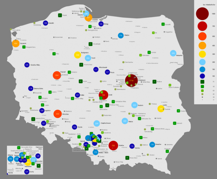 Mapa największych miast w Polsce, materiał do quizu