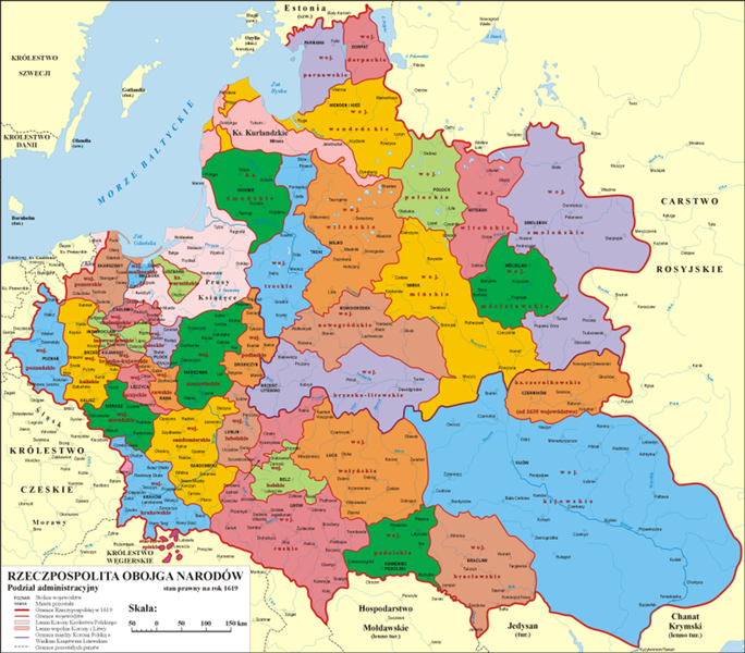 Mapa podziału administracyjnego I Rzeczypospolitej 1619 r.
