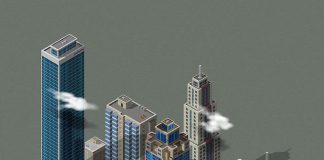 Grafika przedstawiajaca centrum miasta z wieżowcami, makieta miasta-Quiz o miastach Polski