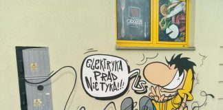 Elektryka prąd nie tyka - mural przedstawiający elektryka porażonego prądem fot. quizydlawiedzy.pl